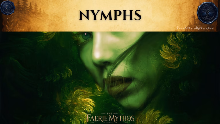 "A digital illustration for 'The Faerie Mythos' featuring a close-up, ethereal portrait of a woman with striking blue eyes, her face partially obscured and surrounded by lush, dark green foliage and golden highlights. The top of the image features a tan parchment-style banner with the text 'NYMPHS' in black, flanked by circular seals."