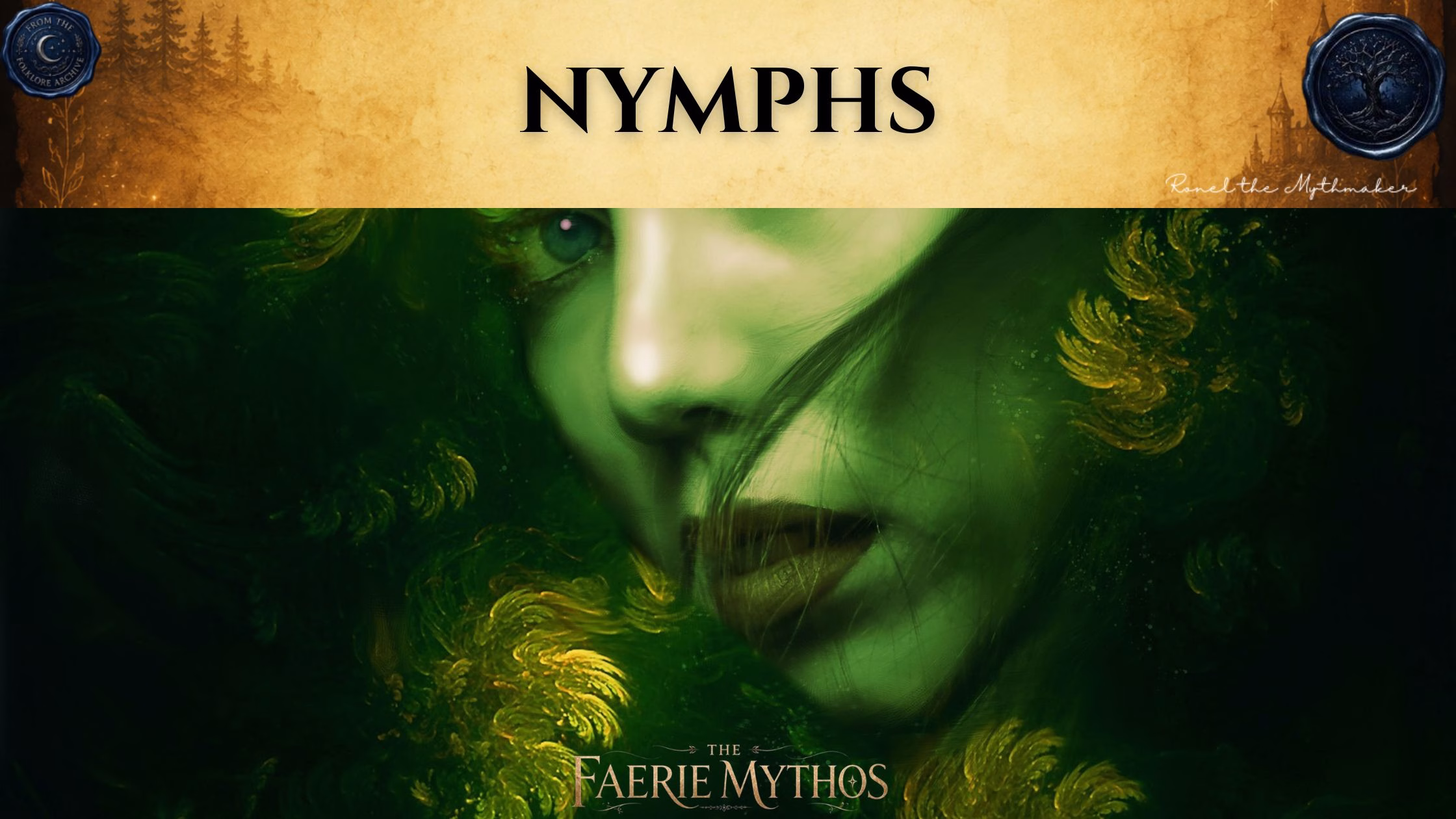 "A digital illustration for 'The Faerie Mythos' featuring a close-up, ethereal portrait of a woman with striking blue eyes, her face partially obscured and surrounded by lush, dark green foliage and golden highlights. The top of the image features a tan parchment-style banner with the text 'NYMPHS' in black, flanked by circular seals."