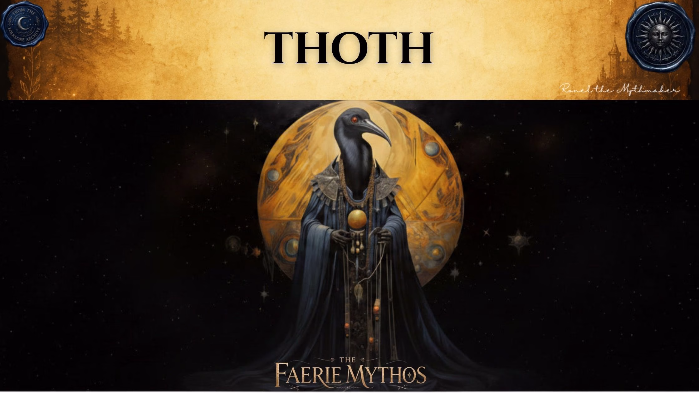A character card from "The Faerie Mythos" series titled "THOTH" by Ronel the Mythmaker. The image features the Egyptian deity Thoth, depicted as a tall figure with the head of an ibis wearing a dark, flowing robe, holding an orb, and set against a backdrop of a golden celestial disc and a star-filled void. The top section features a parchment-textured bar with wax seals from "From The Folklore Archive" on the sides, and the text is displayed in black.