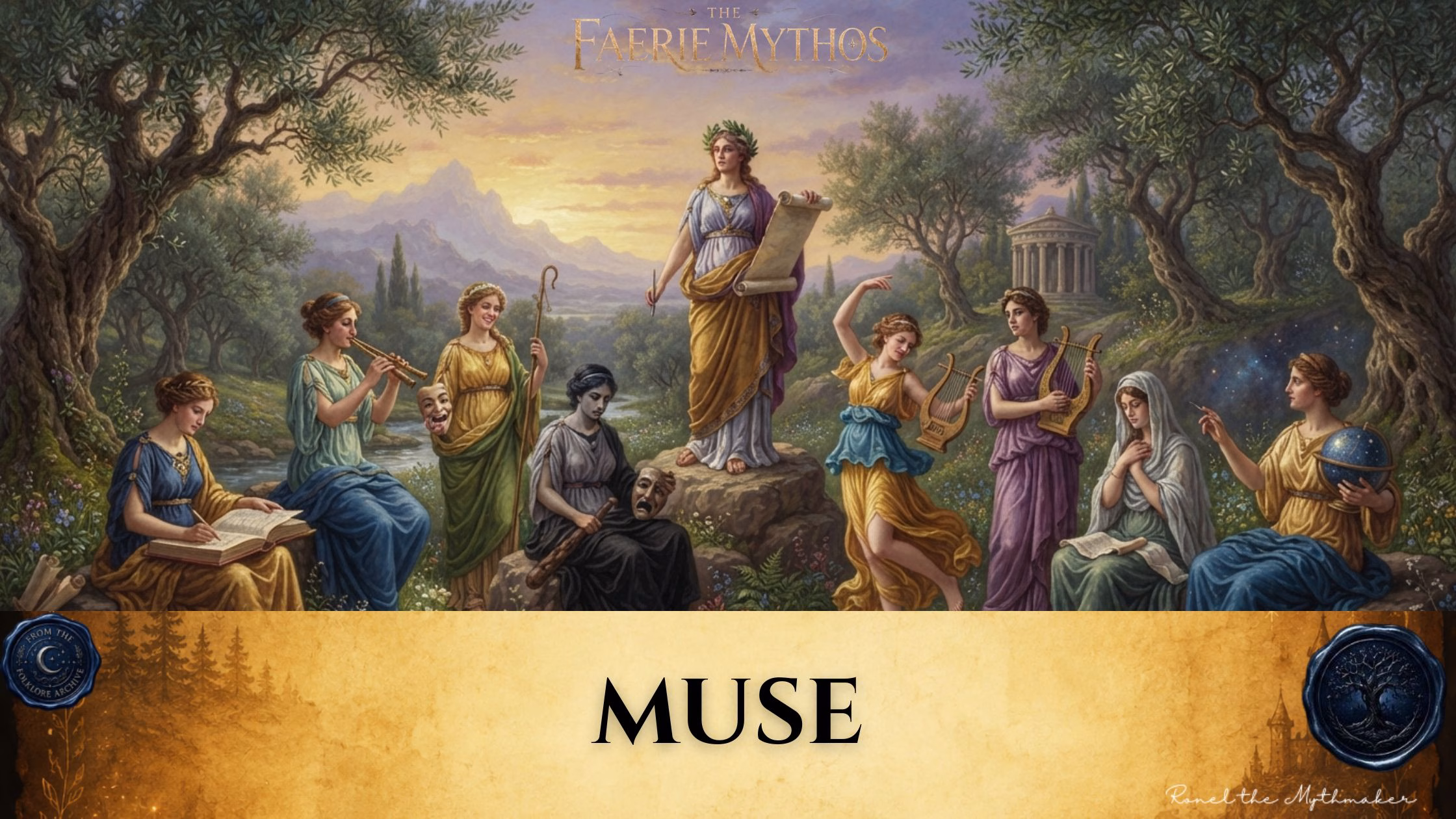"A digital illustration for 'The Faerie Mythos' featuring nine Muses in a classical, idyllic landscape. They are depicted in various poses, some playing instruments like lyres and flutes, others writing or holding theatrical masks, all gathered around a central figure holding a scroll. The bottom of the image features a tan parchment-style banner with the text 'MUSE' in black, flanked by circular seals."