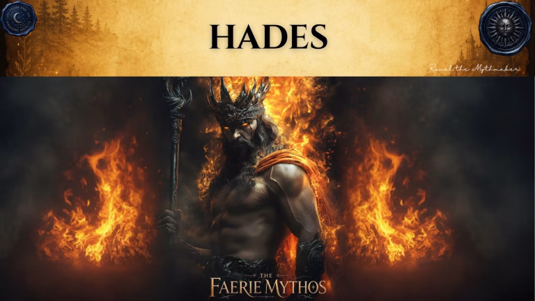 A character card from "The Faerie Mythos" series titled "HADES" by Ronel the Mythmaker. The image features the Greek god Hades as a muscular, bearded man wearing a crown and holding a staff, surrounded by intense orange flames. The top section features a parchment-textured bar with wax seals from "From The Folklore Archive" on the sides, and the text is displayed in black.