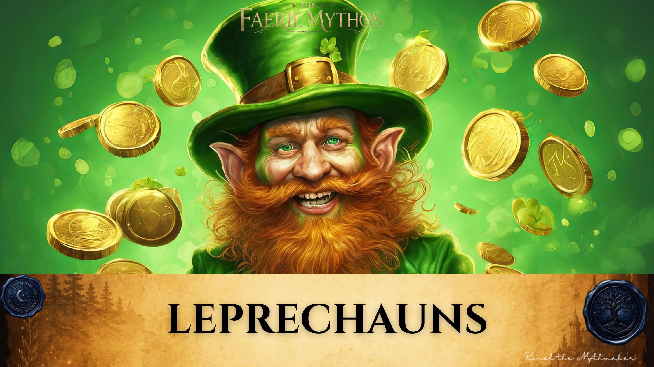 "A digital illustration for 'The Faerie Mythos' featuring a close-up of a grinning leprechaun with a thick orange beard, pointed ears, and a green hat, surrounded by floating gold coins against a bright green background. The bottom of the image features a tan parchment-style banner with the text 'LEPRECHAUNS' in black, flanked by circular seals."