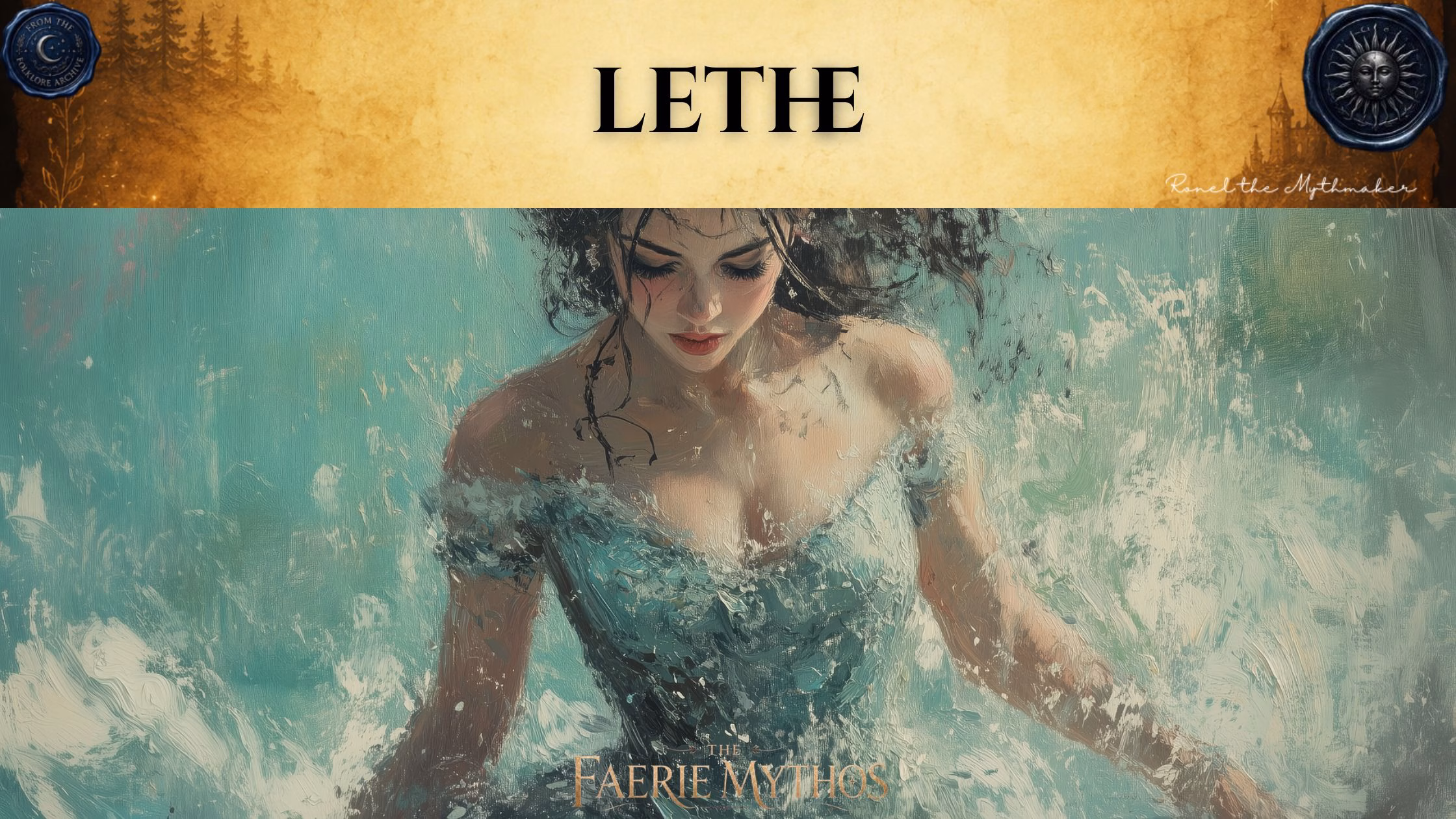 A character card from "The Faerie Mythos" series titled "LETHE" by Ronel the Mythmaker. The image depicts a woman in a flowing dress submerged in swirling, painterly turquoise waters. The top section features a parchment-textured bar with wax seals from "From The Folklore Archive" on the sides, and the text is displayed in black.