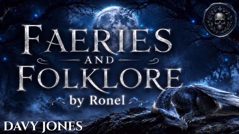 A dark fantasy banner titled "FAERIES AND FOLKLORE by Ronel," set against a misty, gnarled forest under a large, glowing full moon. In the bottom left corner, the word "Davy Jones" is written in a clean, white serif font. In the top right corner, there is a circular, dark metallic or wax seal stamp featuring an embossed illustration of a skull. A scaly blue dragon rests on a rocky ridge in the foreground, surrounded by faint, glowing blue magical embers.
