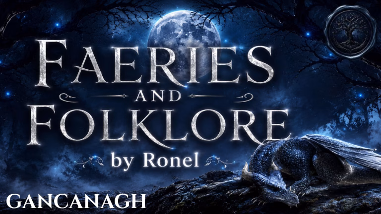 A dark fantasy banner titled "FAERIES AND FOLKLORE by Ronel," set against a misty, gnarled forest under a large, glowing full moon. In the bottom left corner, the word "Gancanagh" is written in a clean, white serif font. In the top right corner, there is a circular, dark metallic or wax seal stamp featuring an embossed illustration of a tree. A scaly blue dragon rests on a rocky ridge in the foreground, surrounded by faint, glowing blue magical embers.