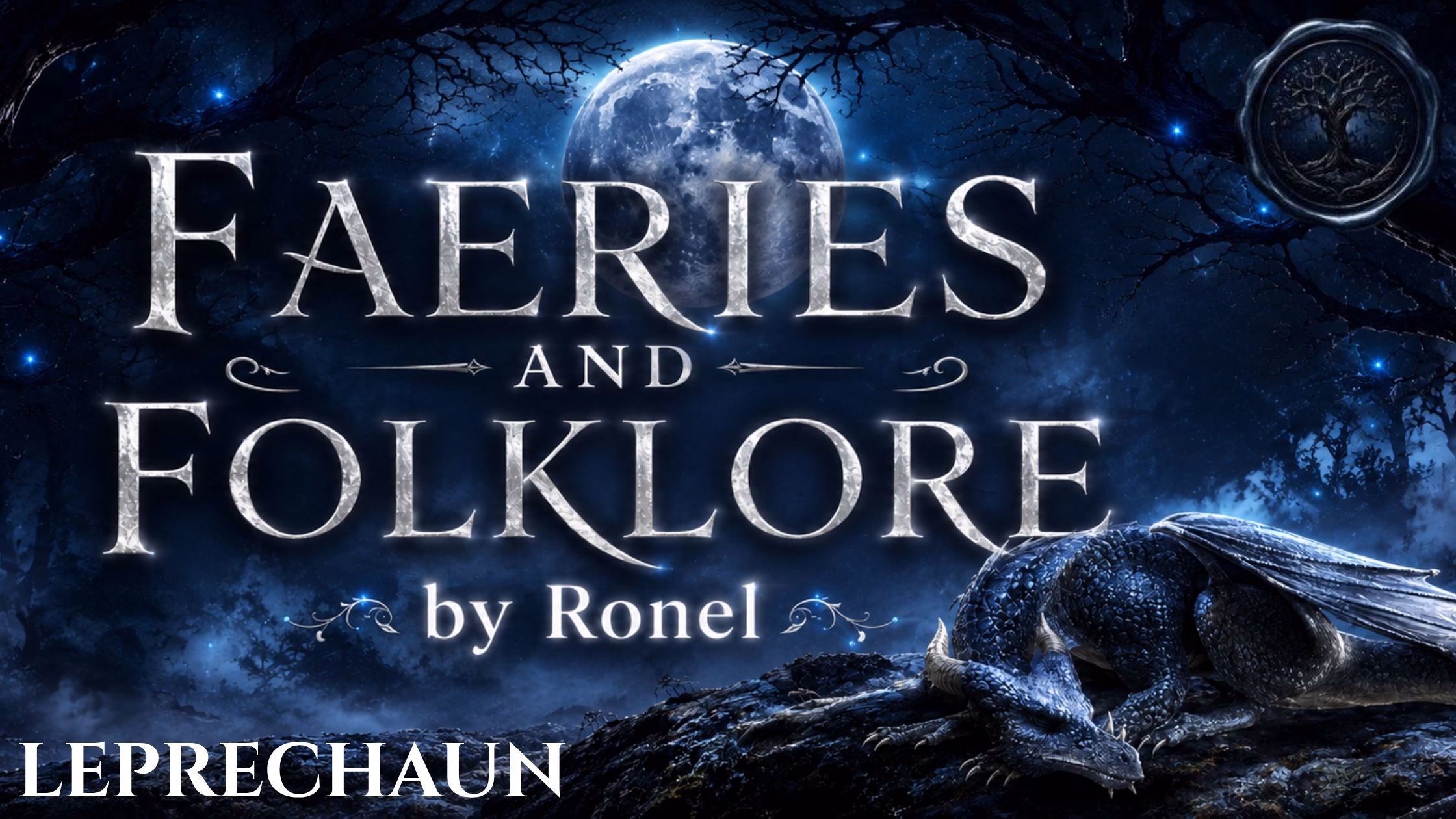 A dark fantasy banner titled "FAERIES AND FOLKLORE by Ronel," set against a misty, gnarled forest under a large, glowing full moon. In the bottom left corner, the word "Leprechaun" is written in a clean, white serif font. In the top right corner, there is a circular, dark metallic or wax seal stamp featuring an embossed illustration of a tree. A scaly blue dragon rests on a rocky ridge in the foreground, surrounded by faint, glowing blue magical embers.