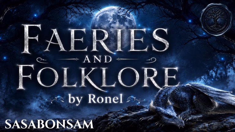 A dark fantasy banner titled "FAERIES AND FOLKLORE by Ronel," set against a misty, gnarled forest under a large, glowing full moon. In the bottom left corner, the word "Sasabonsam" is written in a clean, white serif font. In the top right corner, there is a circular, dark metallic or wax seal stamp featuring an embossed illustration of a tree. A scaly blue dragon rests on a rocky ridge in the foreground, surrounded by faint, glowing blue magical embers.