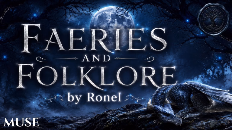A dark fantasy banner titled "FAERIES AND FOLKLORE by Ronel," set against a misty, gnarled forest under a large, glowing full moon. In the bottom left corner, the word "Muse" is written in a clean, white serif font. In the top right corner, there is a circular, dark metallic or wax seal stamp featuring an embossed illustration of a tree. A scaly blue dragon rests on a rocky ridge in the foreground, surrounded by faint, glowing blue magical embers.