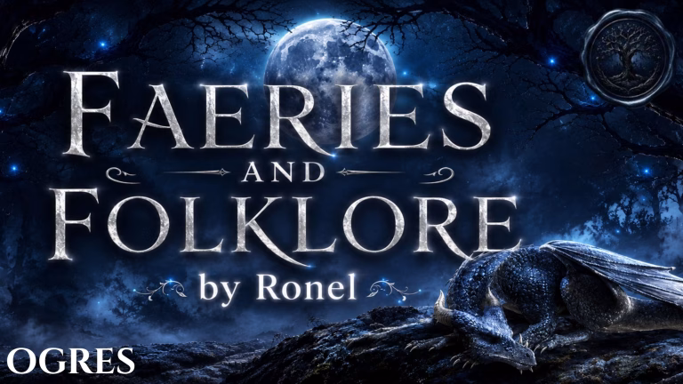 A dark fantasy banner titled "FAERIES AND FOLKLORE by Ronel," set against a misty, gnarled forest under a large, glowing full moon. In the bottom left corner, the word "Ogres" is written in a clean, white serif font. In the top right corner, there is a circular, dark metallic or wax seal stamp featuring an embossed illustration of a tree. A scaly blue dragon rests on a rocky ridge in the foreground, surrounded by faint, glowing blue magical embers.