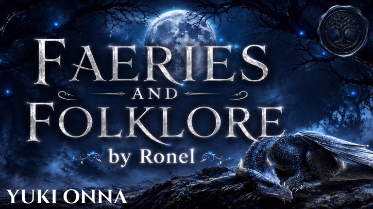 A dark fantasy banner titled "FAERIES AND FOLKLORE by Ronel," set against a misty, gnarled forest under a large, glowing full moon. In the bottom left corner, the word "Yuki Onna" is written in a clean, white serif font. In the top right corner, there is a circular, dark metallic or wax seal stamp featuring an embossed illustration of a tree. A scaly blue dragon rests on a rocky ridge in the foreground, surrounded by faint, glowing blue magical embers.