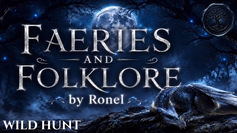 A dark fantasy banner titled "FAERIES AND FOLKLORE by Ronel," set against a misty, gnarled forest under a large, glowing full moon. In the bottom left corner, the word "Wild Hunt" is written in a clean, white serif font. In the top right corner, there is a circular, dark metallic or wax seal stamp featuring an embossed illustration of a tree. A scaly blue dragon rests on a rocky ridge in the foreground, surrounded by faint, glowing blue magical embers.