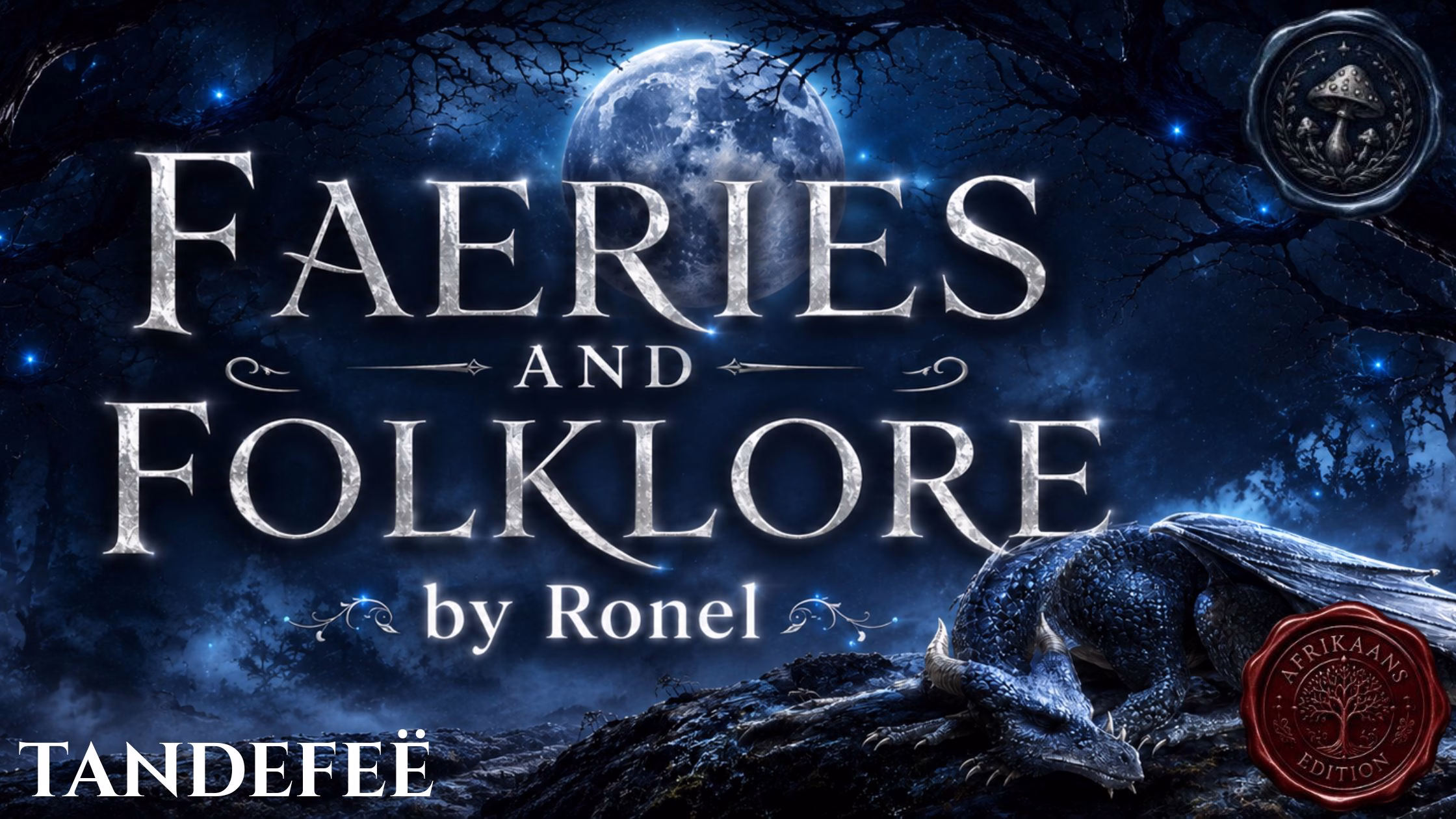 A dark fantasy banner titled "FAERIES AND FOLKLORE by Ronel," set against a misty, gnarled forest under a large, glowing full moon. In the bottom left corner, the word "Tandefeë" is written in a clean, white serif font. In the top right corner, there is a circular, dark metallic or wax seal stamp featuring an embossed illustration of a mushroom. A scaly blue dragon rests on a rocky ridge in the foreground, surrounded by faint, glowing blue magical embers. A red wax seal has “Afrikaans Edition” stamped on it with an embossed tree.