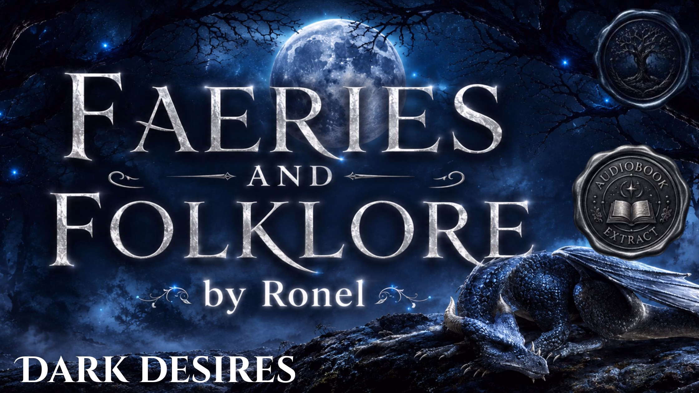 A dark fantasy banner titled "FAERIES AND FOLKLORE by Ronel," set against a misty, gnarled forest under a large, glowing full moon. In the bottom left corner, the word "Dark Desires" is written in a clean, white serif font. In the top right corner, there is a circular, dark metallic or wax seal stamp featuring an embossed illustration of a tree and another dark metallic or wax seal stamp featuring an embossed illustration of an open book with the words “Audiobook Extract”. A scaly blue dragon rests on a rocky ridge in the foreground, surrounded by faint, glowing blue magical embers.