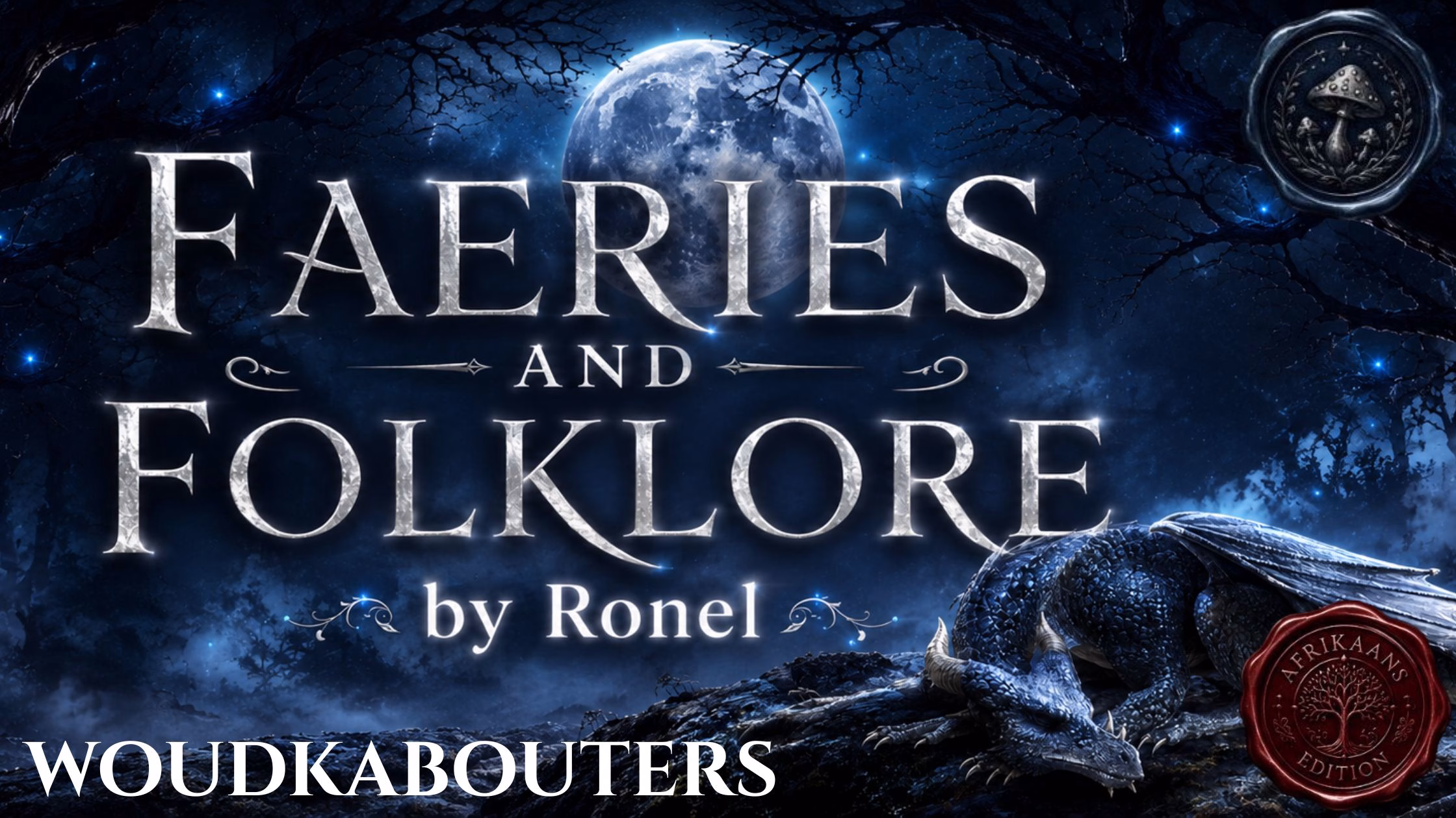 A dark fantasy banner titled "FAERIES AND FOLKLORE by Ronel," set against a misty, gnarled forest under a large, glowing full moon. In the bottom left corner, the word "Woudkabouters" is written in a clean, white serif font. In the top right corner, there is a circular, dark metallic or wax seal stamp featuring an embossed illustration of a mushroom. A scaly blue dragon rests on a rocky ridge in the foreground, surrounded by faint, glowing blue magical embers. A red wax seal has “Afrikaans Edition” stamped on it with an embossed tree.