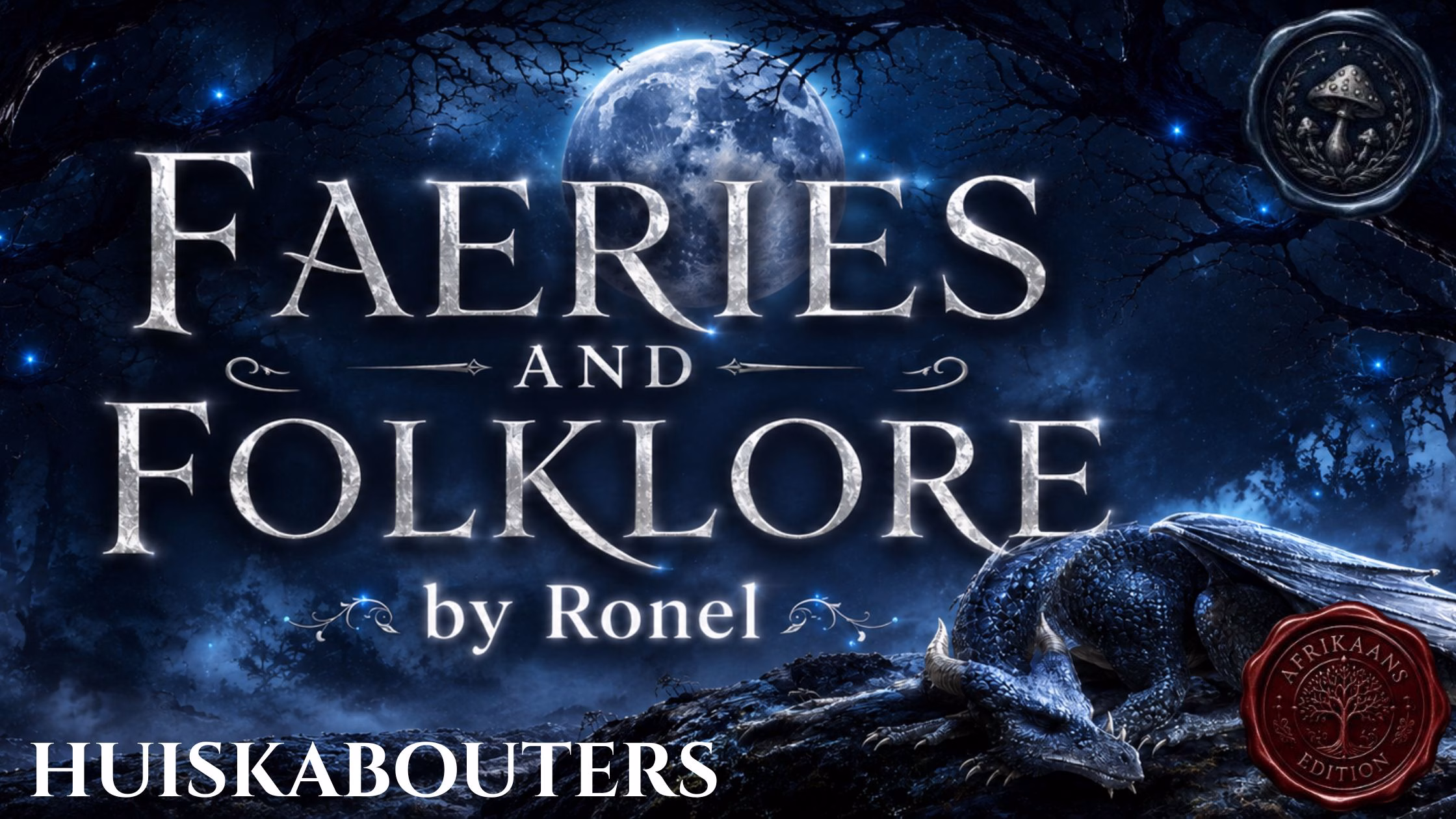 A dark fantasy banner titled "FAERIES AND FOLKLORE by Ronel," set against a misty, gnarled forest under a large, glowing full moon. In the bottom left corner, the word "Huiskabouters" is written in a clean, white serif font. In the top right corner, there is a circular, dark metallic or wax seal stamp featuring an embossed illustration of a mushroom. A scaly blue dragon rests on a rocky ridge in the foreground, surrounded by faint, glowing blue magical embers. A red wax seal has “Afrikaans Edition” stamped on it with an embossed tree.
