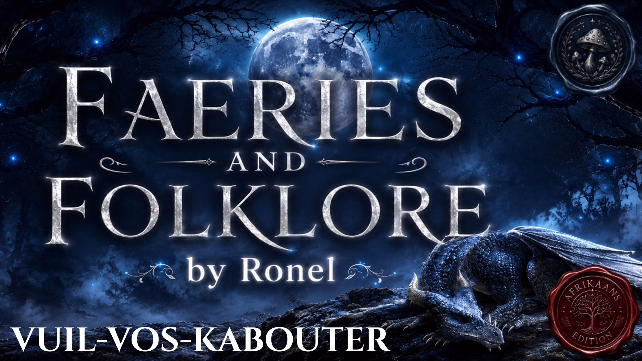 A dark fantasy banner titled "FAERIES AND FOLKLORE by Ronel," set against a misty, gnarled forest under a large, glowing full moon. In the bottom left corner, the word "Vuil-Vos-Kabouter" is written in a clean, white serif font. In the top right corner, there is a circular, dark metallic or wax seal stamp featuring an embossed illustration of a mushroom. A scaly blue dragon rests on a rocky ridge in the foreground, surrounded by faint, glowing blue magical embers. A red wax seal has “Afrikaans Edition” stamped on it with an embossed tree.