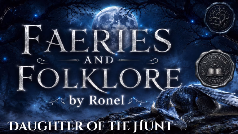 A dark fantasy banner titled "FAERIES AND FOLKLORE by Ronel," set against a misty, gnarled forest under a large, glowing full moon. In the bottom left corner, the words "Daughter of the Hunt" are written in a clean, white serif font. In the top right corner, there is a circular, dark metallic or wax seal stamp featuring an embossed illustration of a crescent moon and the words “From the Folklore Archive” and another dark metallic or wax seal stamp featuring an embossed illustration of an open book with the words “Audiobook Extract”. A scaly blue dragon rests on a rocky ridge in the foreground, surrounded by faint, glowing blue magical embers.