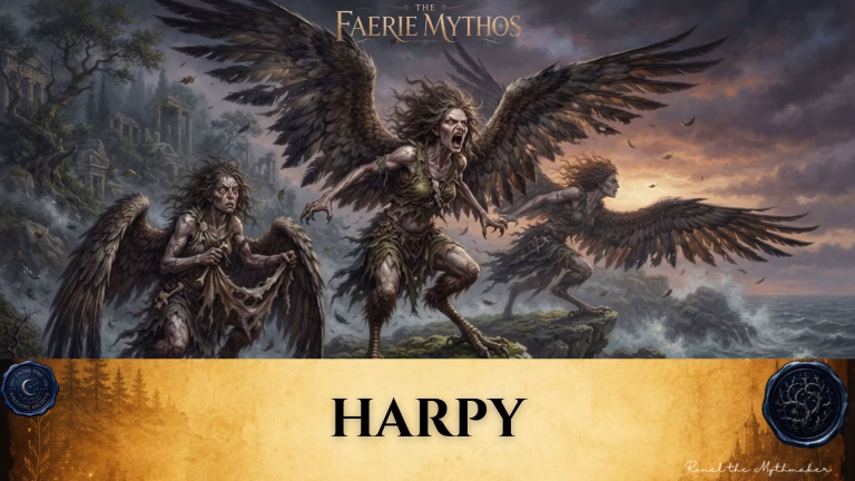 An atmospheric, dark fantasy illustration titled "The Faerie Mythos: Harpy." The image depicts three menacing harpies with ragged, bird-like wings, sharp talons, and intense expressions, perched on a craggy, windswept coastline against a stormy, dramatic sky. Below this scene is a parchment-textured banner containing the centered, bolded text "HARPY," flanked by two circular, embossed-style seals featuring mystical, folkloric motifs.