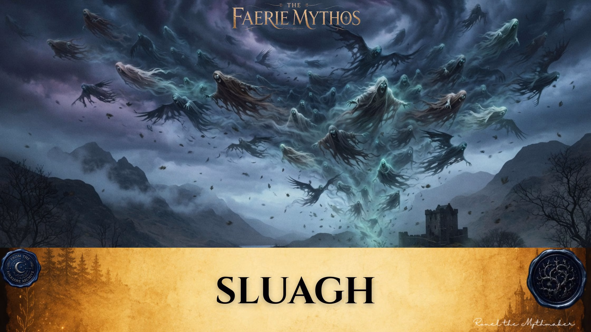 A dark fantasy illustration titled "The Faerie Mythos: Sluagh." The upper portion displays a parchment-colored banner with the bold, centered text "SLUAGH," flanked by two circular, embossed-style seals. Below this, a swarming, chaotic mass of spectral, ghostly figures and dark, bird-like entities descends from a turbulent, stormy sky toward a solitary stone castle situated in a desolate, mountainous landscape.