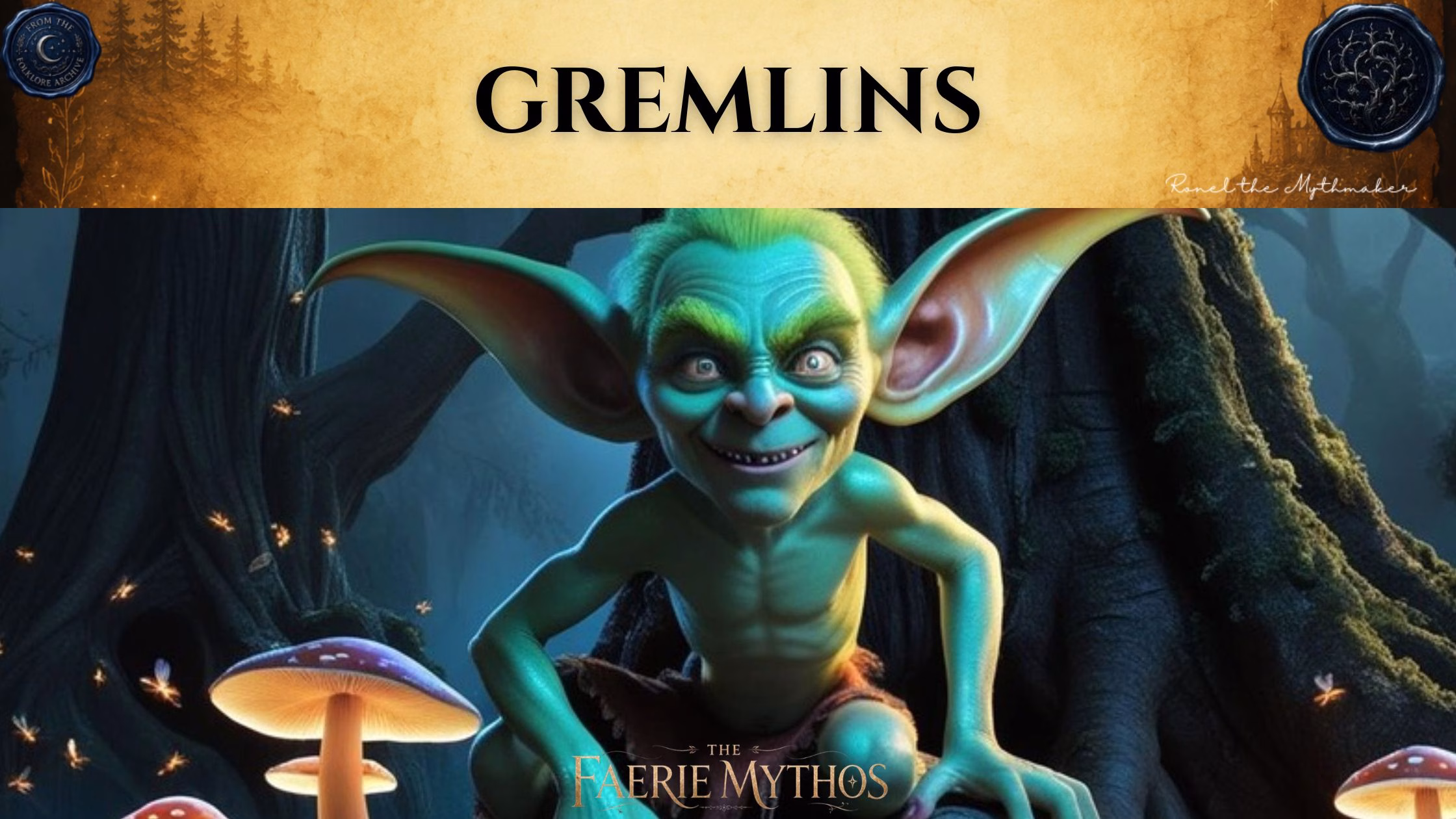 A dark fantasy illustration titled "The Faerie Mythos: Gremlins." The upper portion displays a parchment-colored banner with the bold, centered text "GREMLINS," flanked by two circular, embossed-style seals. Below this, a mischievous-looking, green-skinned creature with large, pointy ears and intense eyes crouches in a dark, magical forest setting filled with glowing mushrooms and tiny, sparkling lights.