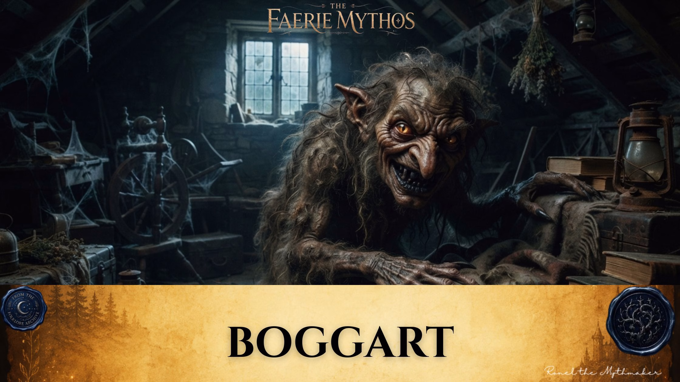 A dark fantasy illustration titled "The Faerie Mythos: Boggart." The upper portion displays a parchment-colored banner with the bold, centered text "BOGGART," flanked by two circular, embossed-style seals. Below this, a sinister, wizened creature with matted fur, sharp teeth, and glowing orange eyes lurks in a cobweb-filled attic, hunched over a collection of old books and objects in a dimly lit, atmospheric setting.