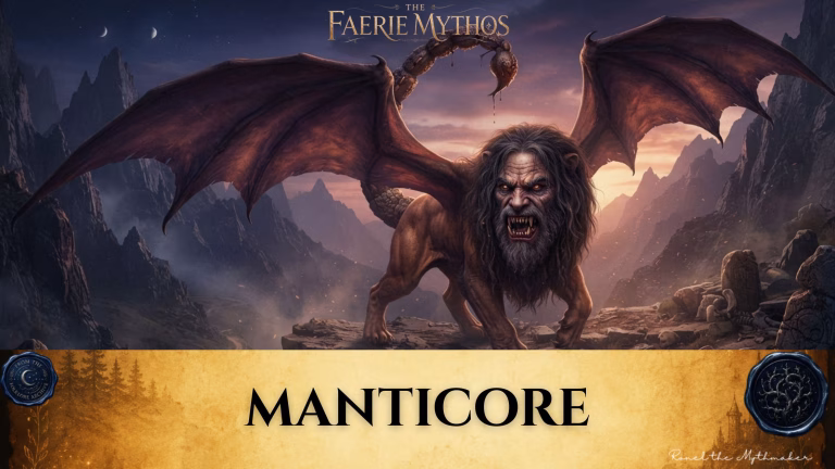 A dark fantasy illustration titled "The Faerie Mythos: Manticore." The upper portion displays a parchment-colored banner with the bold, centered text "MANTICORE," flanked by two circular, embossed-style seals. Below this, a fearsome creature with the body of a lion, a menacing human-like face, bat-like wings, and a scorpion-like tail stands on a rocky precipice set against a dramatic, mountainous landscape at sunset.