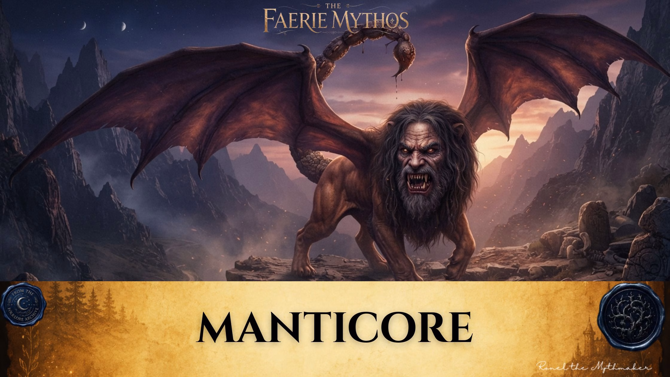 A dark fantasy illustration titled "The Faerie Mythos: Manticore." The upper portion displays a parchment-colored banner with the bold, centered text "MANTICORE," flanked by two circular, embossed-style seals. Below this, a fearsome creature with the body of a lion, a menacing human-like face, bat-like wings, and a scorpion-like tail stands on a rocky precipice set against a dramatic, mountainous landscape at sunset.