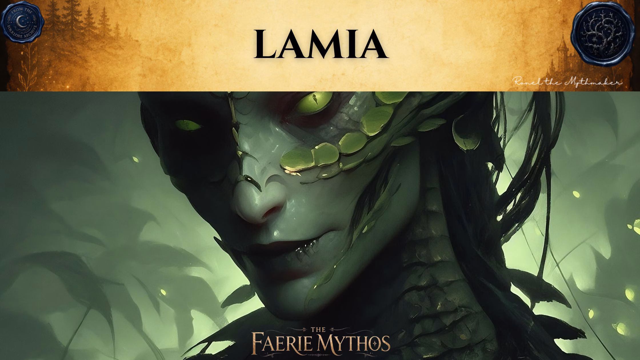 A dark fantasy illustration titled "The Faerie Mythos: Lamia." The upper section features a parchment-colored banner with the bold, centered text "LAMIA," flanked by two circular, embossed-style seals. Below the banner, a tight, atmospheric close-up depicts a serpentine-humanoid creature with striking, slit-pupiled green eyes and dark, scale-covered skin, set against a misty, dark green forest background.