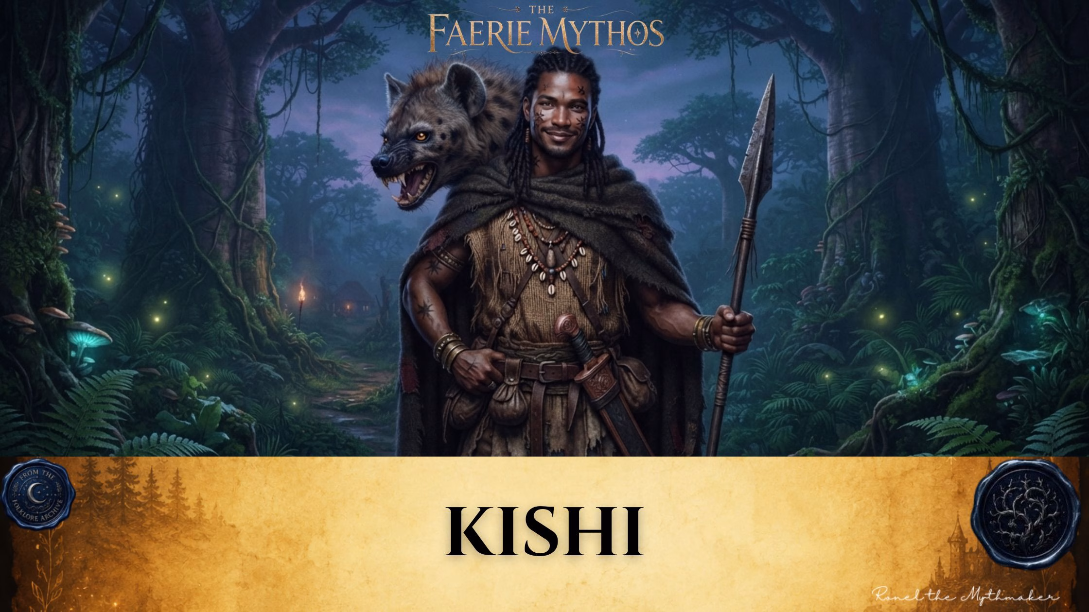 A dark fantasy illustration titled "The Faerie Mythos: Kishi." The upper portion displays a parchment-colored banner with the bold, centered text "KISHI," flanked by two circular, embossed-style seals. Below this, a handsome man with dreadlocks and tribal markings stands in a lush, magical forest, holding a spear, with a menacing hyena-like head resting over his shoulder.