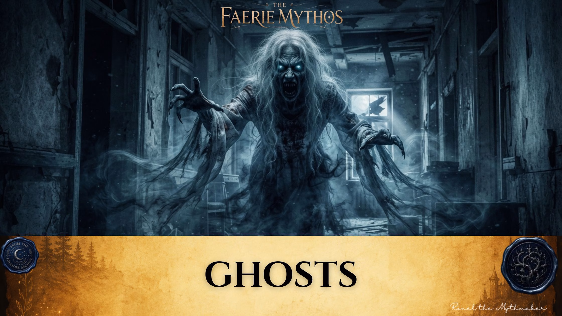 A dark fantasy illustration titled "The Faerie Mythos: Ghosts." The upper portion displays a parchment-colored banner with the bold, centered text "GHOSTS," flanked by two circular, embossed-style seals. Below this, a terrifying, spectral figure with long, ragged hair, glowing blue eyes, and outstretched, claw-like hands looms in a decaying, dimly lit hallway, surrounded by wisps of dark smoke.