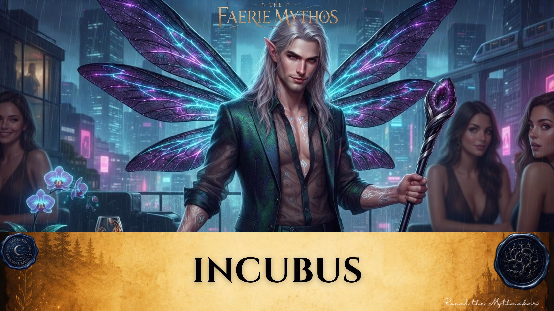 A dark fantasy illustration titled "The Faerie Mythos: Incubus." The upper portion displays a parchment-colored banner with the bold, centered text "INCUBUS," flanked by two circular, embossed-style seals. Below this, a handsome, elf-like man with large, vibrant purple-veined wings and intricate skin markings stands on a rainy city balcony holding a glowing staff, while two women look on in the background.