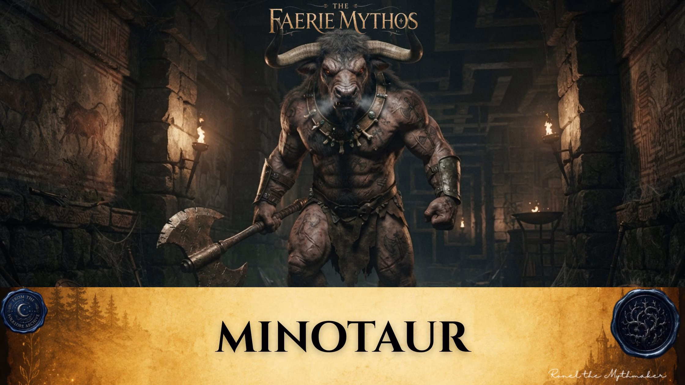 A dark fantasy illustration titled "The Faerie Mythos: Minotaur." The upper portion displays a parchment-colored banner with the bold, centered text "MINOTAUR," flanked by two circular, embossed-style seals. Below this, a hulking, muscular minotaur with a bull's head, glowing eyes, and tribal tattoos stands in a stone labyrinth holding a massive axe, illuminated by flickering wall torches.