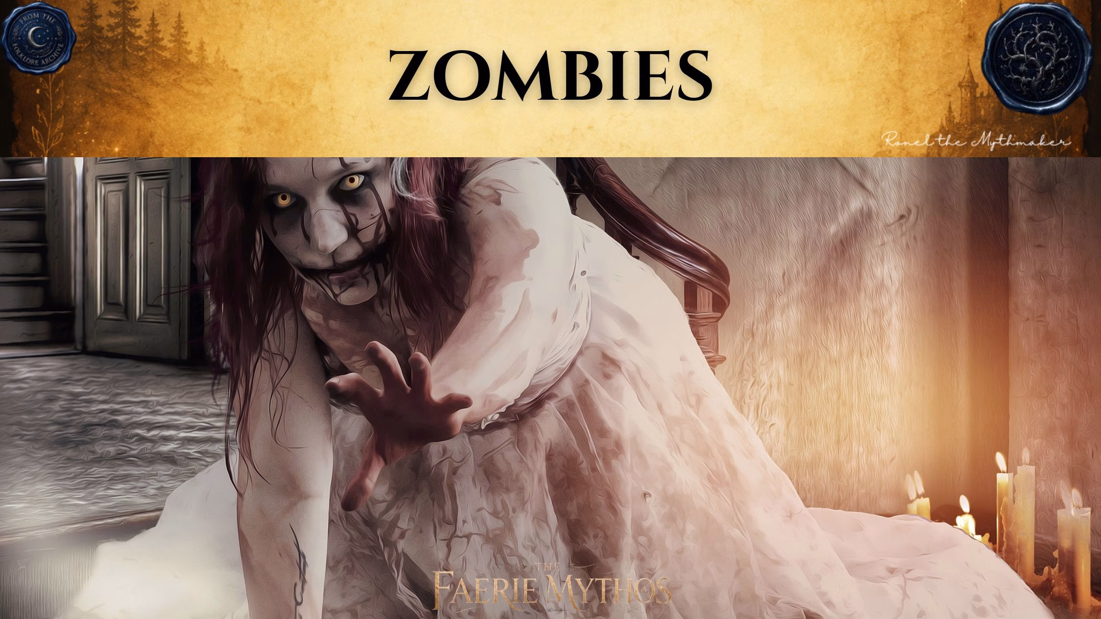 A dark fantasy illustration titled "The Faerie Mythos: Zombies." The upper section features a parchment-colored banner with the bold, centered text "ZOMBIES," flanked by two circular, embossed-style seals. Below the banner, a haunting figure with pale, cracked skin and glowing yellow eyes in a white dress reaches out from a dimly lit, interior setting, accompanied by a soft, warm glow from candles in the corner.