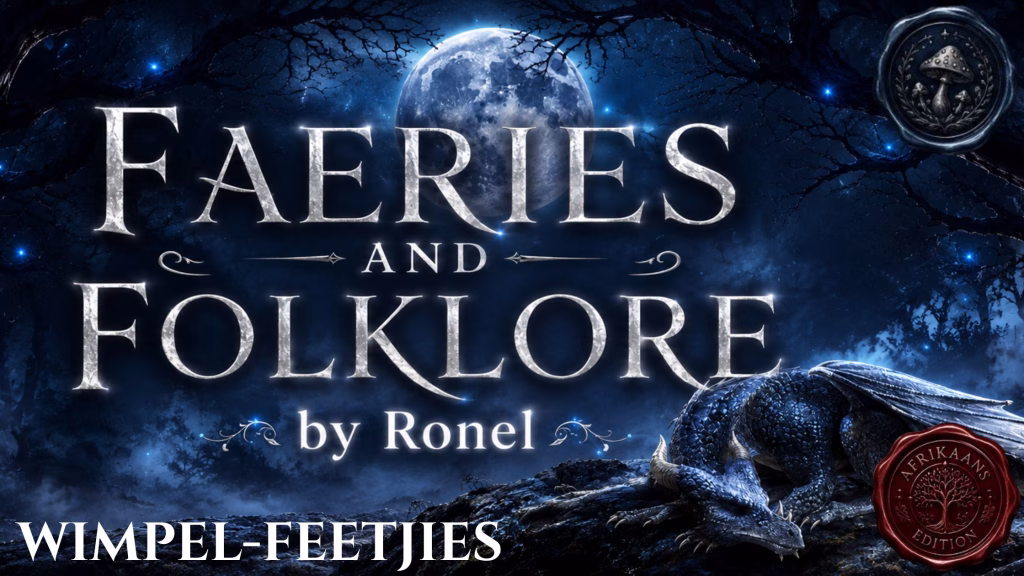 A dark fantasy banner titled "FAERIES AND FOLKLORE by Ronel," set against a misty, gnarled forest under a large, glowing full moon. In the bottom left corner, the word "Wimpel-Feetjies" is written in a clean, white serif font. In the top right corner, there is a circular, dark metallic or wax seal stamp featuring an embossed illustration of a mushroom. A scaly blue dragon rests on a rocky ridge in the foreground, surrounded by faint, glowing blue magical embers. A red wax seal has “Afrikaans Edition” stamped on it with an embossed tree.