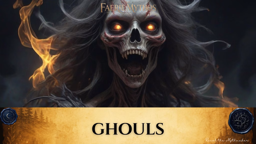 A dark fantasy illustration titled "The Faerie Mythos: Ghouls." The upper portion displays a parchment-colored banner with the bold, centered text "GHOULS," flanked by two circular, embossed-style seals. Below this, a terrifying, skull-like creature with glowing orange eyes and sharp teeth looms forward, framed by wisps of dark, ghostly hair and swirling magical flame.
