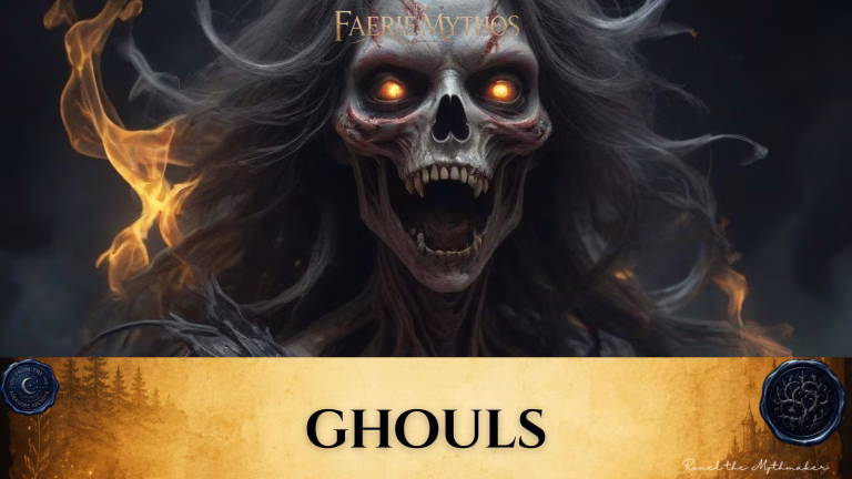 A dark fantasy illustration titled "The Faerie Mythos: Ghouls." The upper portion displays a parchment-colored banner with the bold, centered text "GHOULS," flanked by two circular, embossed-style seals. Below this, a terrifying, skull-like creature with glowing orange eyes and sharp teeth looms forward, framed by wisps of dark, ghostly hair and swirling magical flame.