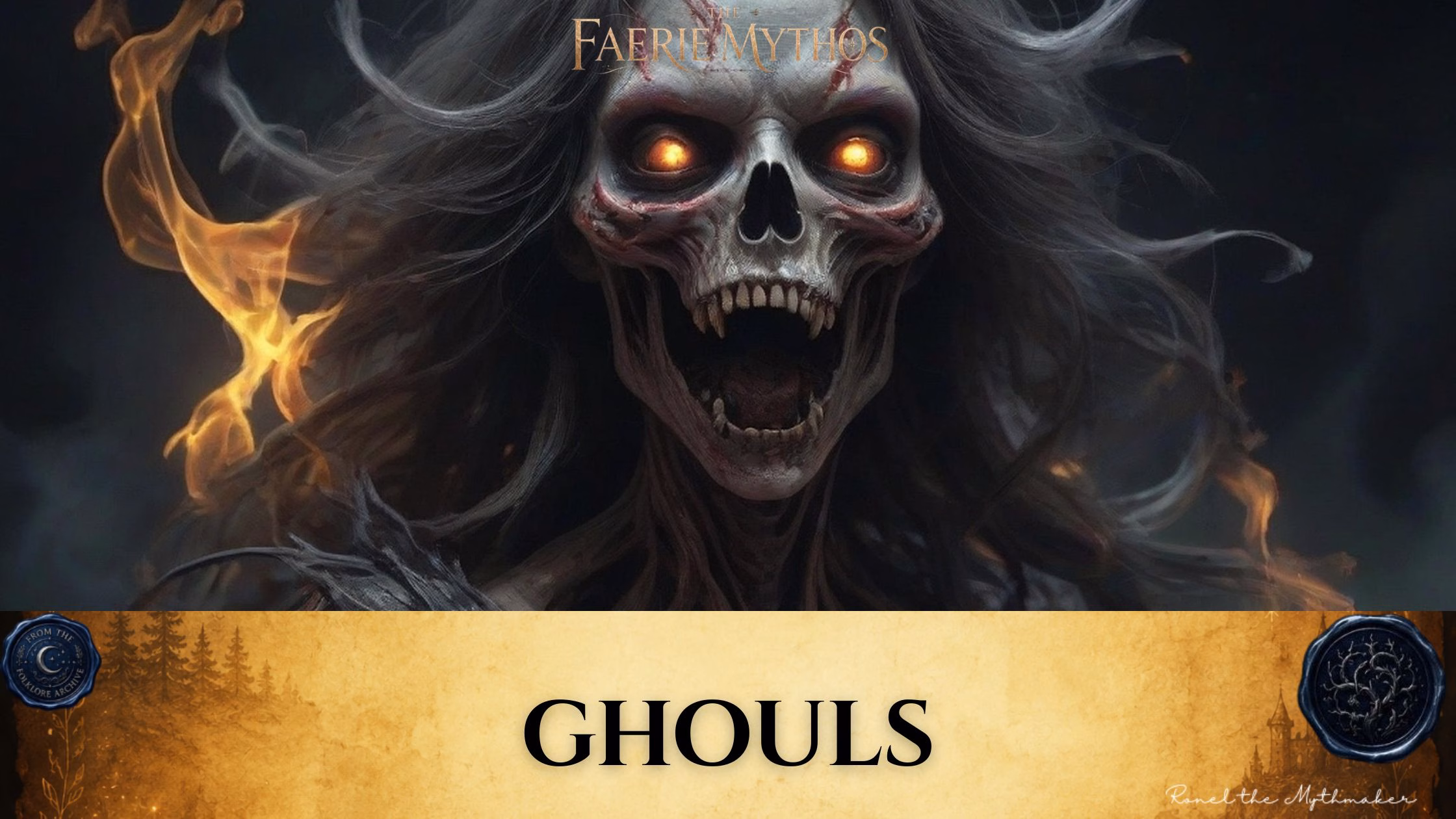 A dark fantasy illustration titled "The Faerie Mythos: Ghouls." The upper portion displays a parchment-colored banner with the bold, centered text "GHOULS," flanked by two circular, embossed-style seals. Below this, a terrifying, skull-like creature with glowing orange eyes and sharp teeth looms forward, framed by wisps of dark, ghostly hair and swirling magical flame.