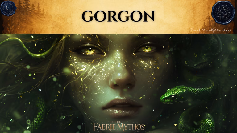 A dark fantasy illustration titled "The Faerie Mythos: Gorgon." The upper portion displays a parchment-colored banner with the bold, centered text "GORGON," flanked by two circular, embossed-style seals. Below this, a close-up portrait shows a mesmerizing figure with glowing yellow eyes, ethereal, sparkling skin, and green snakes intertwined with hair, set against a dark, mystical, and verdant background.