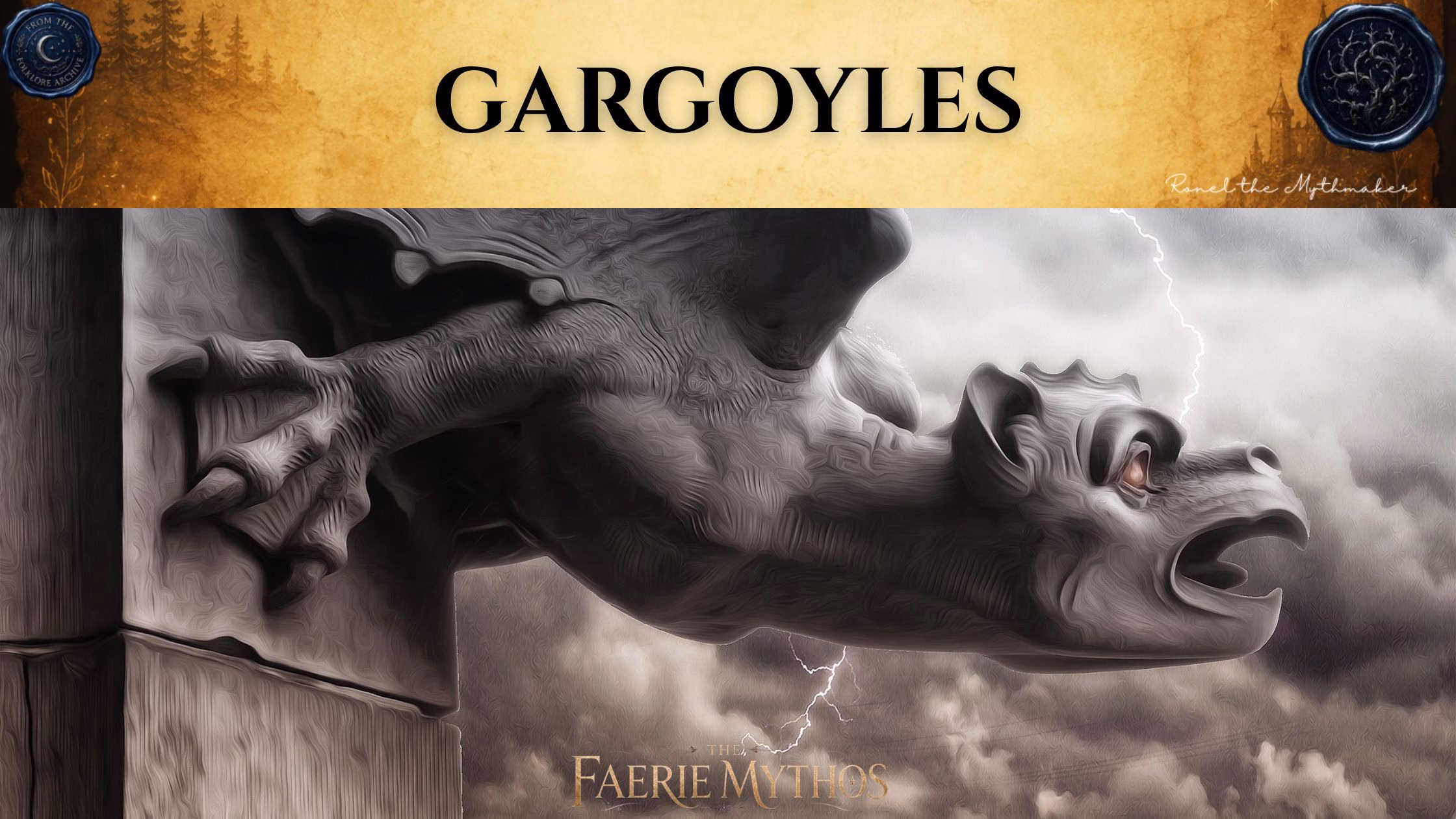 A dark fantasy illustration titled "The Faerie Mythos: Gargoyles." The upper portion displays a parchment-colored banner with the bold, centered text "GARGOYLES," flanked by two circular, embossed-style seals. Below this, a stone-textured, winged gargoyle with glowing eyes perches on the corner of a building, set against a stormy, lightning-filled sky.