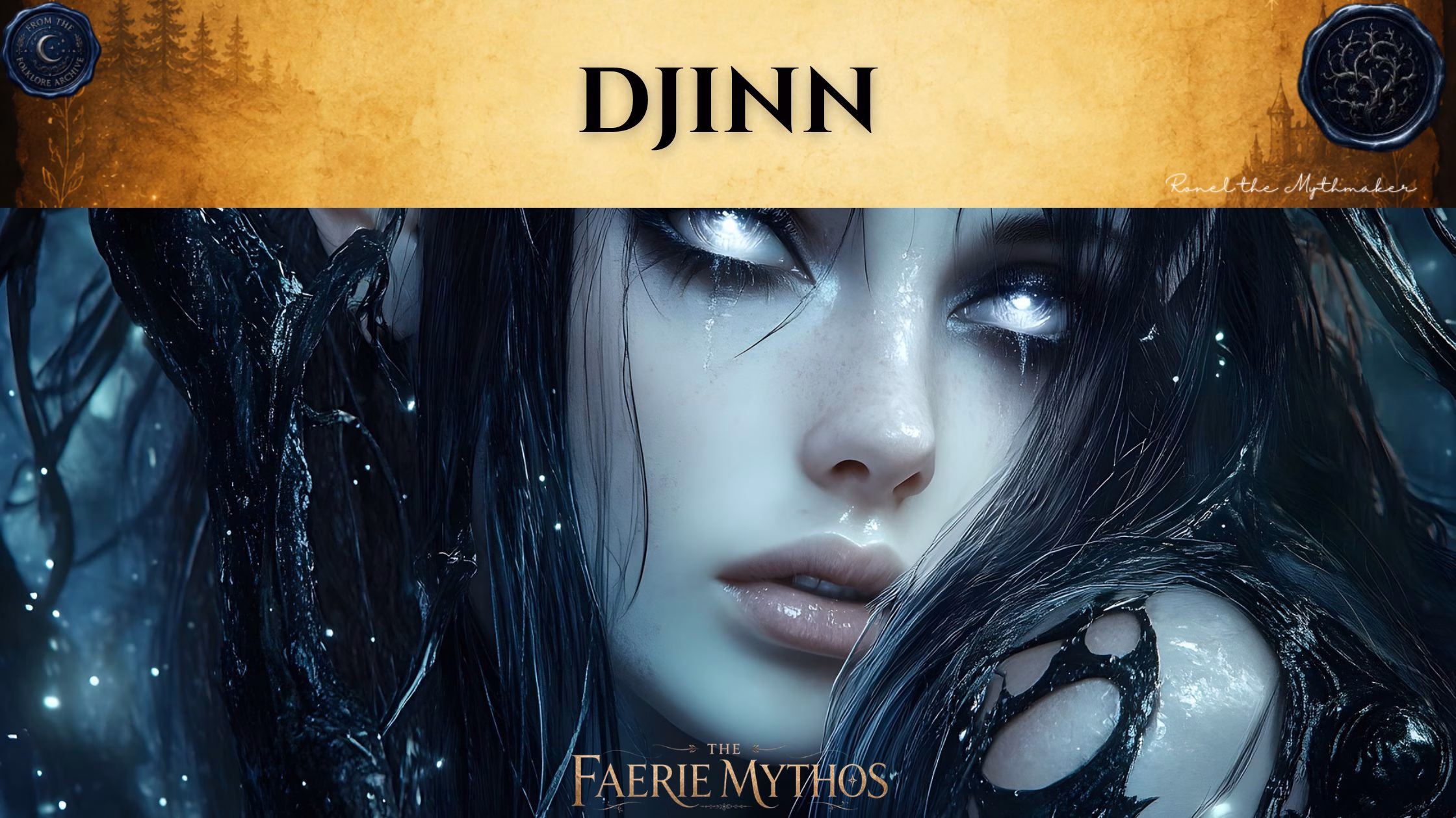 A dark fantasy illustration titled "The Faerie Mythos: Djinn." The upper portion displays a parchment-colored banner with the bold, centered text "DJINN," flanked by two circular, embossed-style seals. Below this, an ethereal close-up portrait depicts a pale figure with striking, glowing white eyes and long, dark, flowing hair intertwined with dark, organic, vine-like structures against a deep, mystical background.