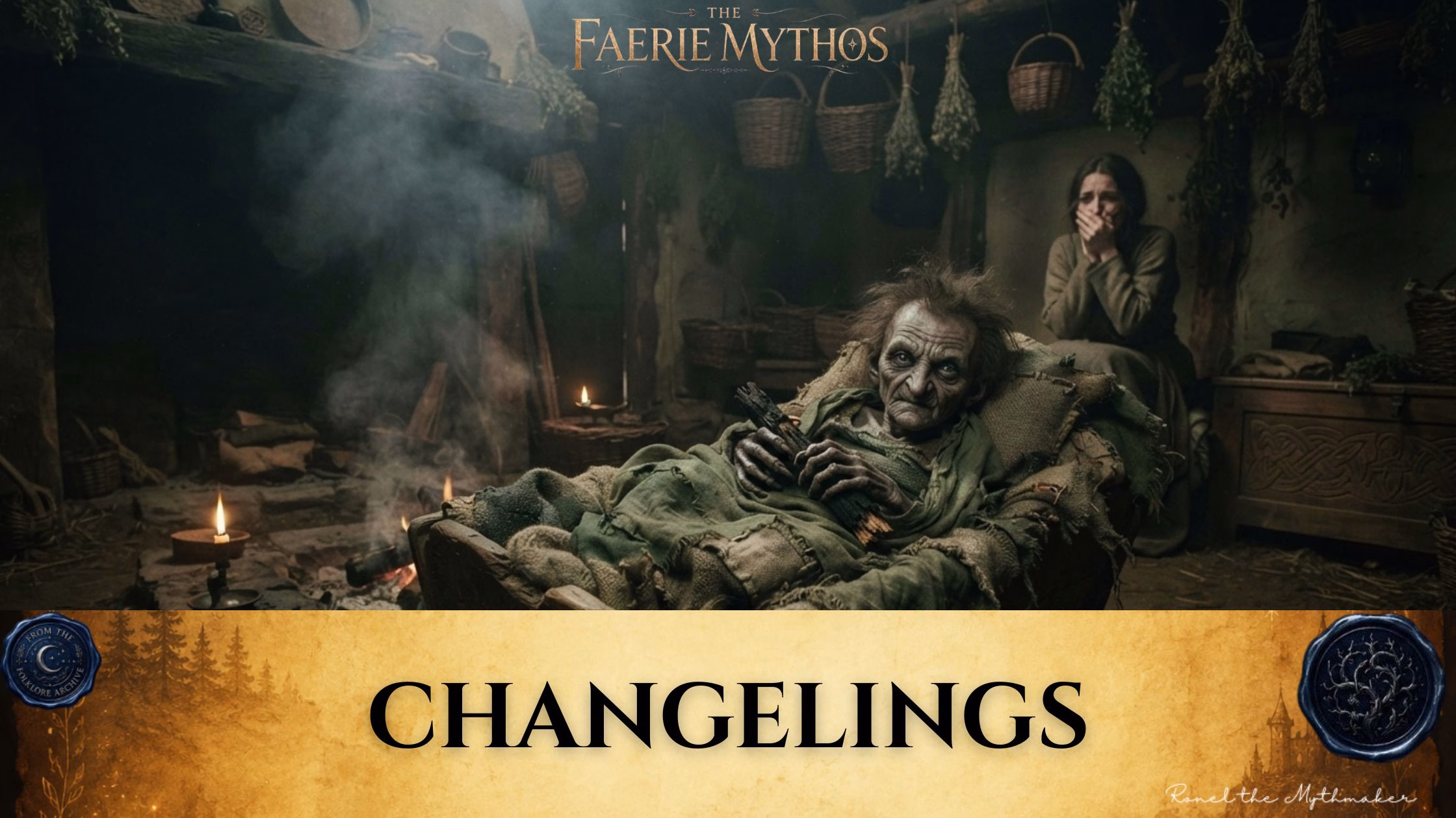 A dark fantasy illustration titled "The Faerie Mythos: Changelings." The upper portion displays a parchment-colored banner with the bold, centered text "CHANGELINGS," flanked by two circular, embossed-style seals. Below this, an aged, wizened creature lies in a rustic cradle inside a dim, smoke-filled room, while a distressed woman sits in the background, covering her mouth with her hands.