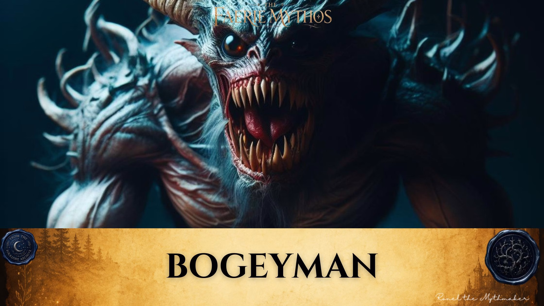 A dark fantasy illustration titled "The Faerie Mythos: Bogeyman." The upper portion displays a parchment-colored banner with the bold, centered text "BOGEYMAN," flanked by two circular, embossed-style seals. Below this, a monstrous, horned creature with a wide, terrifying mouth full of sharp, jagged teeth and intense eyes looms forward in a dark, atmospheric setting.
