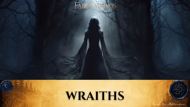 A dark fantasy illustration titled "The Faerie Mythos: Wraiths." The upper portion displays a parchment-colored banner with the bold, centered text "WRAITHS," flanked by two circular, embossed-style seals. Below this, a tall, shadowy, faceless figure with long, flowing, ethereal limbs stands in the center of a dark, misty, and desolate forest.