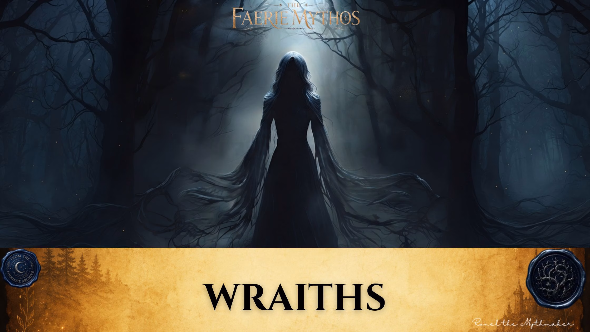 A dark fantasy illustration titled "The Faerie Mythos: Wraiths." The upper portion displays a parchment-colored banner with the bold, centered text "WRAITHS," flanked by two circular, embossed-style seals. Below this, a tall, shadowy, faceless figure with long, flowing, ethereal limbs stands in the center of a dark, misty, and desolate forest.