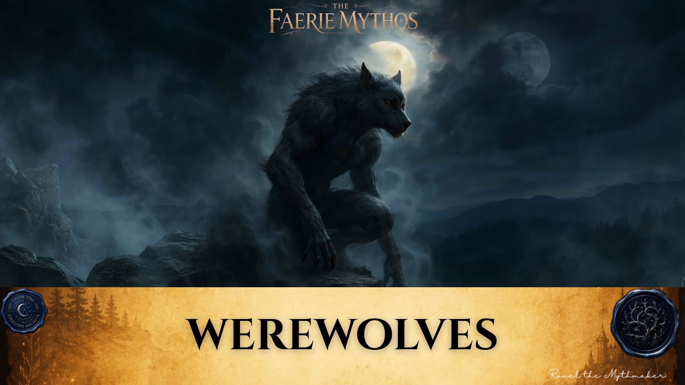 A dark, atmospheric fantasy illustration titled "The Faerie Mythos: Werewolves." The image features a hulking, lupine creature crouching on a foggy, mountain cliffside under the glow of a full moon in a dramatic, stormy night sky. Below this, a parchment-textured banner holds the centered, bolded text "WEREWOLVES," flanked by two circular, embossed-style seals featuring mystical, folkloric motifs.