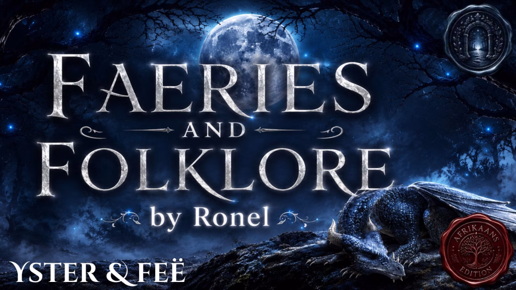 A dark fantasy banner titled "FAERIES AND FOLKLORE by Ronel," set against a misty, gnarled forest under a large, glowing full moon. In the bottom left corner, the word "Yster & Feë" is written in a clean, white serif font. In the top right corner, there is a circular, dark metallic or wax seal stamp featuring an embossed illustration of a doorway. A scaly blue dragon rests on a rocky ridge in the foreground, surrounded by faint, glowing blue magical embers. A red wax seal has “Afrikaans Edition” stamped on it with an embossed tree.