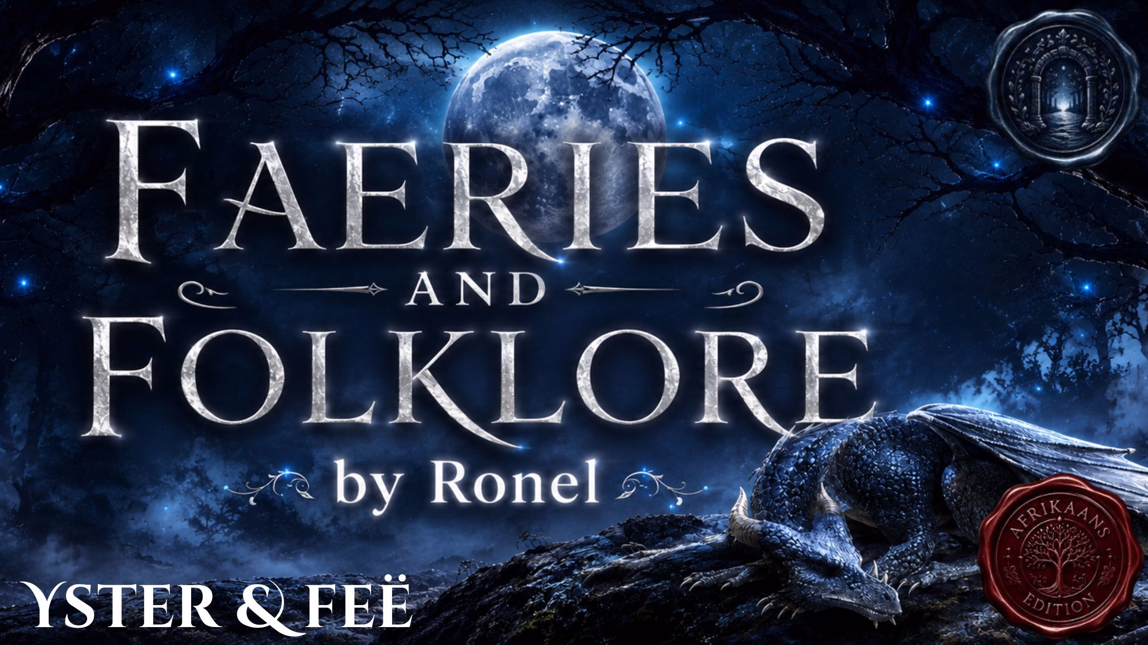 A dark fantasy banner titled "FAERIES AND FOLKLORE by Ronel," set against a misty, gnarled forest under a large, glowing full moon. In the bottom left corner, the word "Yster & Feë" is written in a clean, white serif font. In the top right corner, there is a circular, dark metallic or wax seal stamp featuring an embossed illustration of a doorway. A scaly blue dragon rests on a rocky ridge in the foreground, surrounded by faint, glowing blue magical embers. A red wax seal has “Afrikaans Edition” stamped on it with an embossed tree.