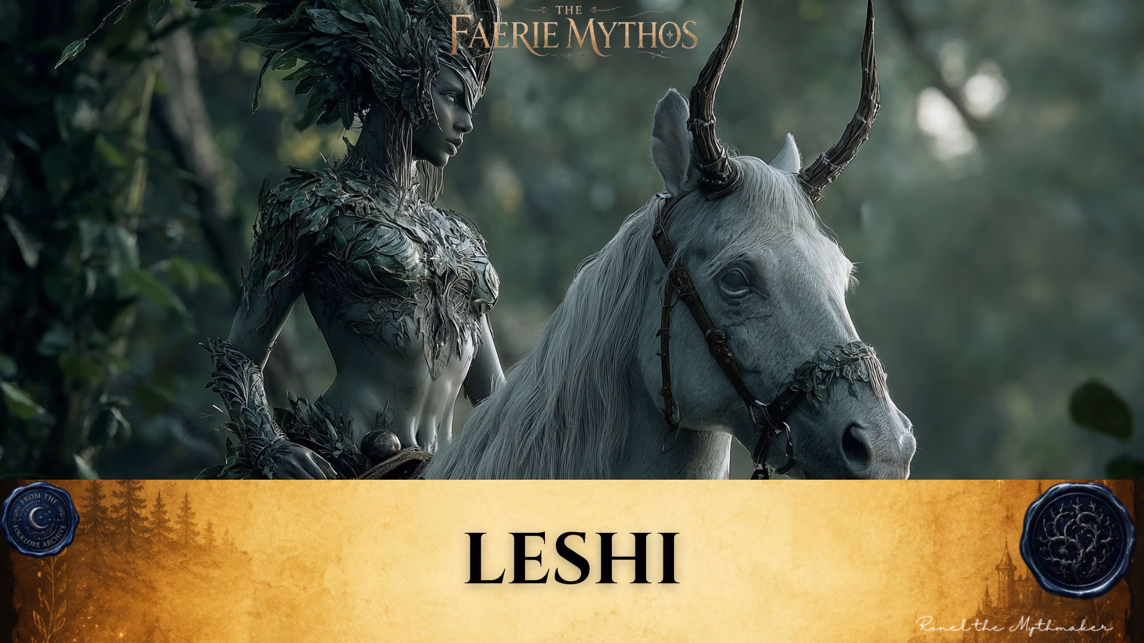 A fantasy illustration titled "The Faerie Mythos: Leshi." The upper portion displays a parchment-colored banner with the bold, centered text "LESHI," flanked by two circular, embossed-style seals. Below this, a forest-themed entity with skin resembling bark and leaves is depicted riding a white horse that has horn-like protrusions on its head, set within a lush, dark woodland environment.