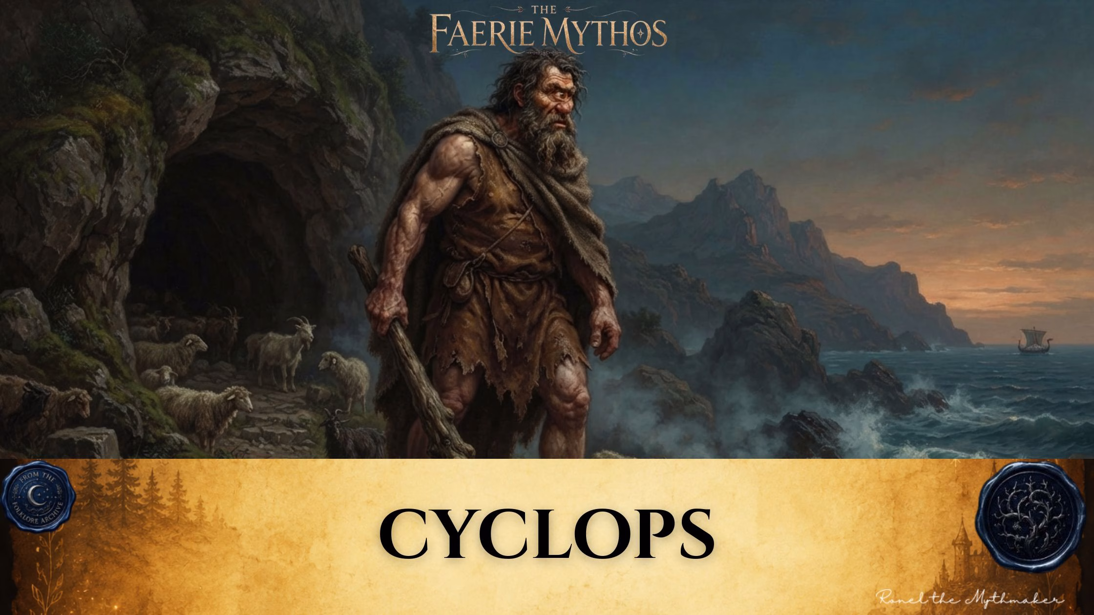 A dark fantasy illustration titled "The Faerie Mythos: Cyclops." The upper portion displays a parchment-colored banner with the bold, centered text "CYCLOPS," flanked by two circular, embossed-style seals. Below this, a rugged, one-eyed giant stands near the entrance of a cave holding a wooden club, with a herd of sheep behind him, set against a dramatic, mountainous coastal landscape at twilight with a lone ship visible in the distance.