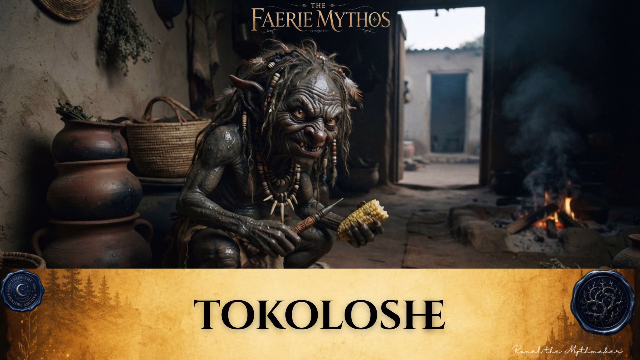 A dark fantasy illustration titled "The Faerie Mythos: Tokoloshe." The upper portion displays a parchment-colored banner with the bold, centered text "TOKOLOSHE," flanked by two circular, embossed-style seals. Below this, a small, wizened creature with textured, dark skin and tribal adornments sits inside a rustic, dimly lit home, holding a cob of corn and a small tool, with a fire burning in the background.